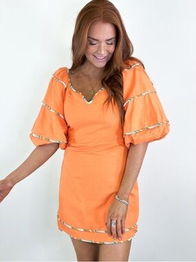 Karlie Orange Multi Trim Sweetheart Puff Sleeve Dress